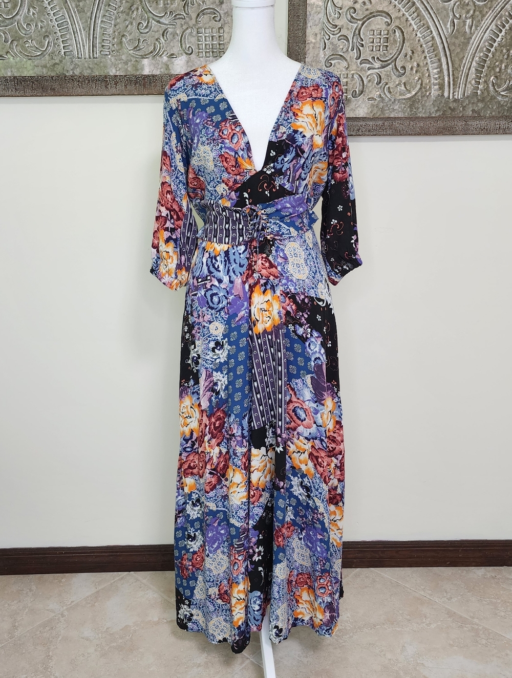 Jaase Multicolor Floral Patchwork V-Neck Lace Up Waist Maxi Dress Med Whimsygoth